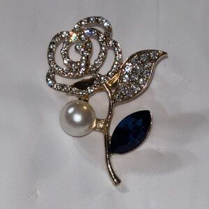 Sparkling Gold w/ Rhinestones Rose Brooch with Pearl Accent & Navy Blue Leaf